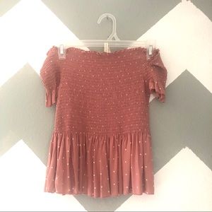 Off The Shoulder Pink Polka Dot Peplum Top